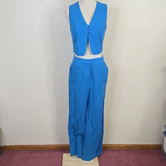 NWT Commense Cotton & Linen Leisure Pants Medium and Vest Small Set Blue - Picture 3 of 7